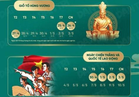 Lịch nghỉ lễ Giỗ Tổ Hùng Vương, 30/4-1/5, Quốc khánh 2/9 năm 2026