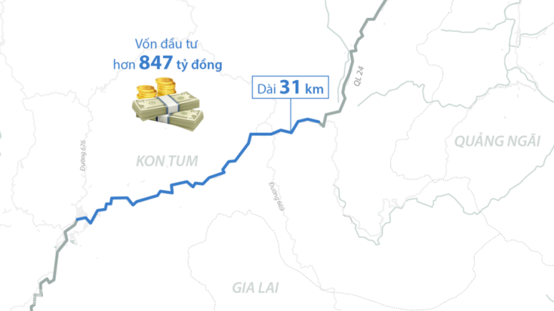 Hướng tuyến quốc lộ 24 kết nối Quảng Ngãi và Kon Tum. Đồ họa: Thanh Huyền