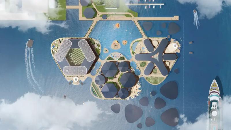 Đồ họa dự án Oceanix Busan, thành phố nổi nguyên mẫu đầu tiên trên thế giới. Ảnh: Oceanix.