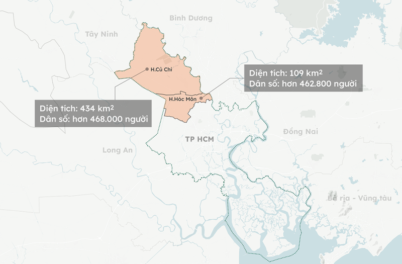 Hai huyện cửa ngõ Tây Bắc TP HCM giáp Tây Ninh, Bình Dương và Long An. Đồ hoạ: