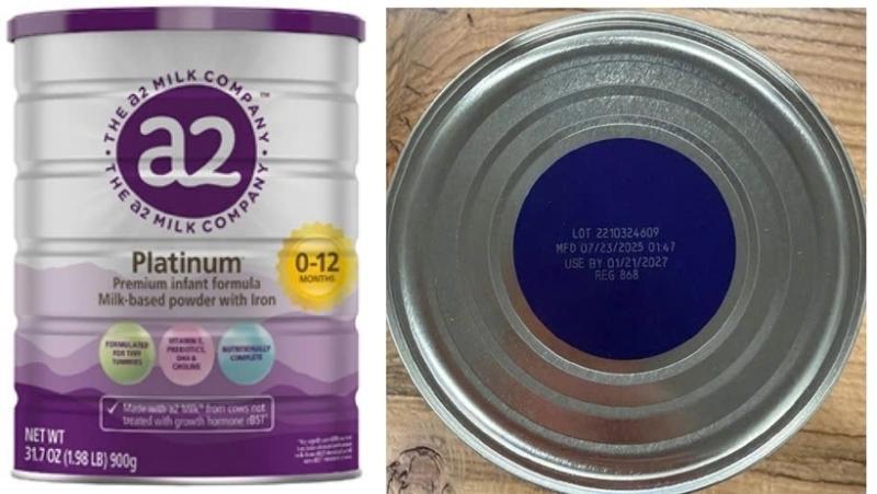Sản phẩm sữa bột a2 Platinum Premium dành cho trẻ 0-12 tháng tuổi bị thu hồi tại thị trường Mỹ. (Ảnh: FDA)