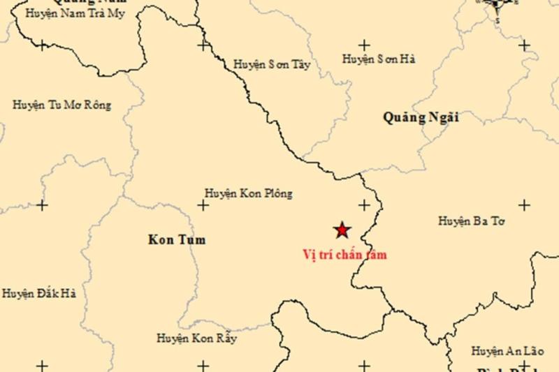 Vị trí xảy ra động đất ở Kon Tum trưa 18/4. Ảnh:Viện vật lý địa cầu