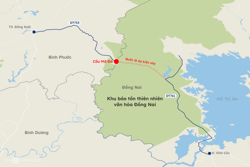 Vị trí, hướng tuyến hai dự án đi qua Khu dự trữ sinh quyển thế giới Đồng Nai. Đồ họa: Khánh Hoàng