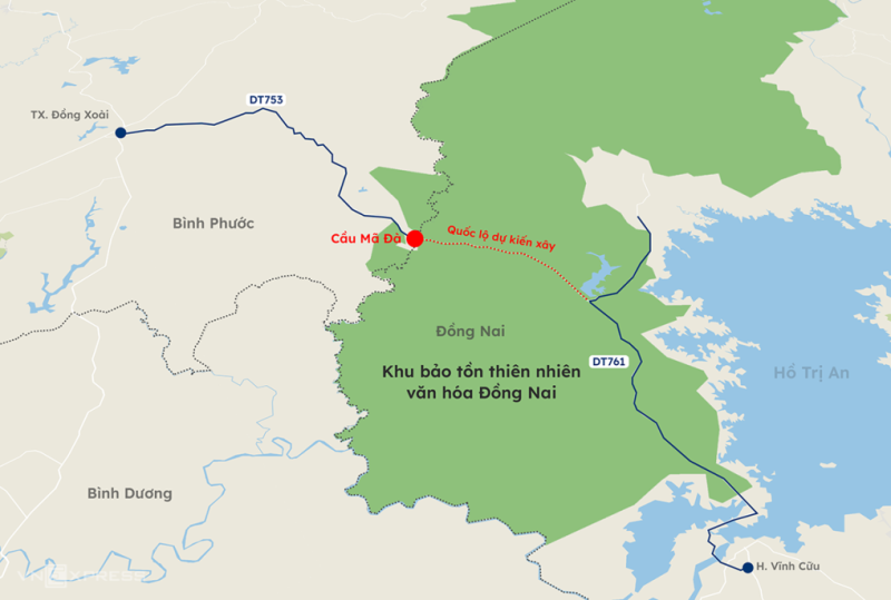 Vị trí, hướng tuyến hai dự án đi qua Khu dự trữ sinh quyển thế giới Đồng Nai. Đồ họa: Khánh Hoàng