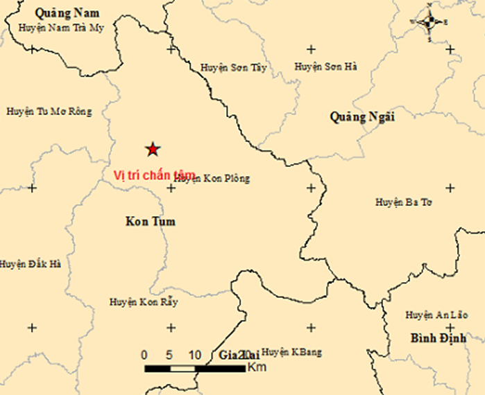 Vị trí xảy ra động đất ở Kon Tum sáng 15/4. Ảnh:Viện vật lý địa cầu