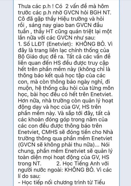 Nhiều phụ huynh phàn nàn khi phải đóng tiền ứng dụng sổ liên lạc điện tử eNetViet trong khi không có tác dụng, tuy nhiên nhà trường giải thích 