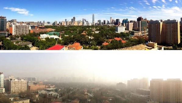 Không khí tại thành phố Bắc Kinh trước và sau đợt cấm ô tô năm 2015. Ảnh chụp màn hình