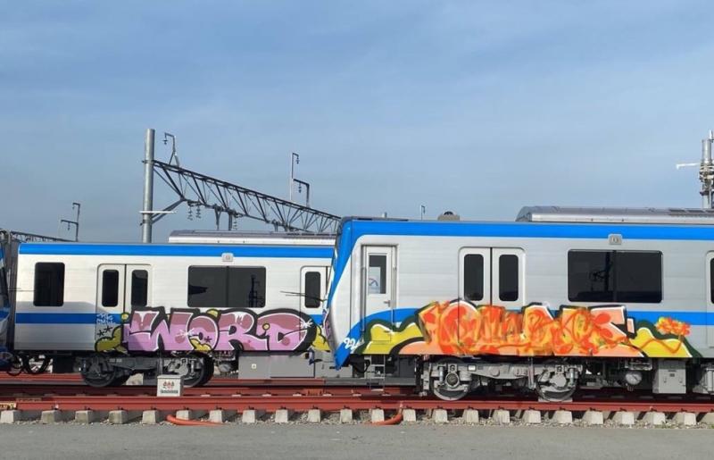 Hai tàu Metro Số 1 bị sơn vẽ nhiều hình thù. Ảnh: Hạ Giang