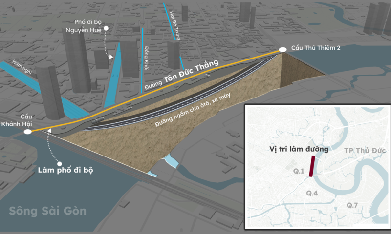 Đường Tôn Đức Thắng được quy hoạch xây ngầm hai tầng. Đồ hoạ: Khánh Hoàng