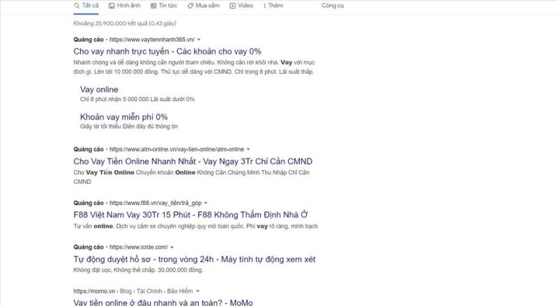 Dễ dàng tìm thấy các website, App vay tiền online tại google.